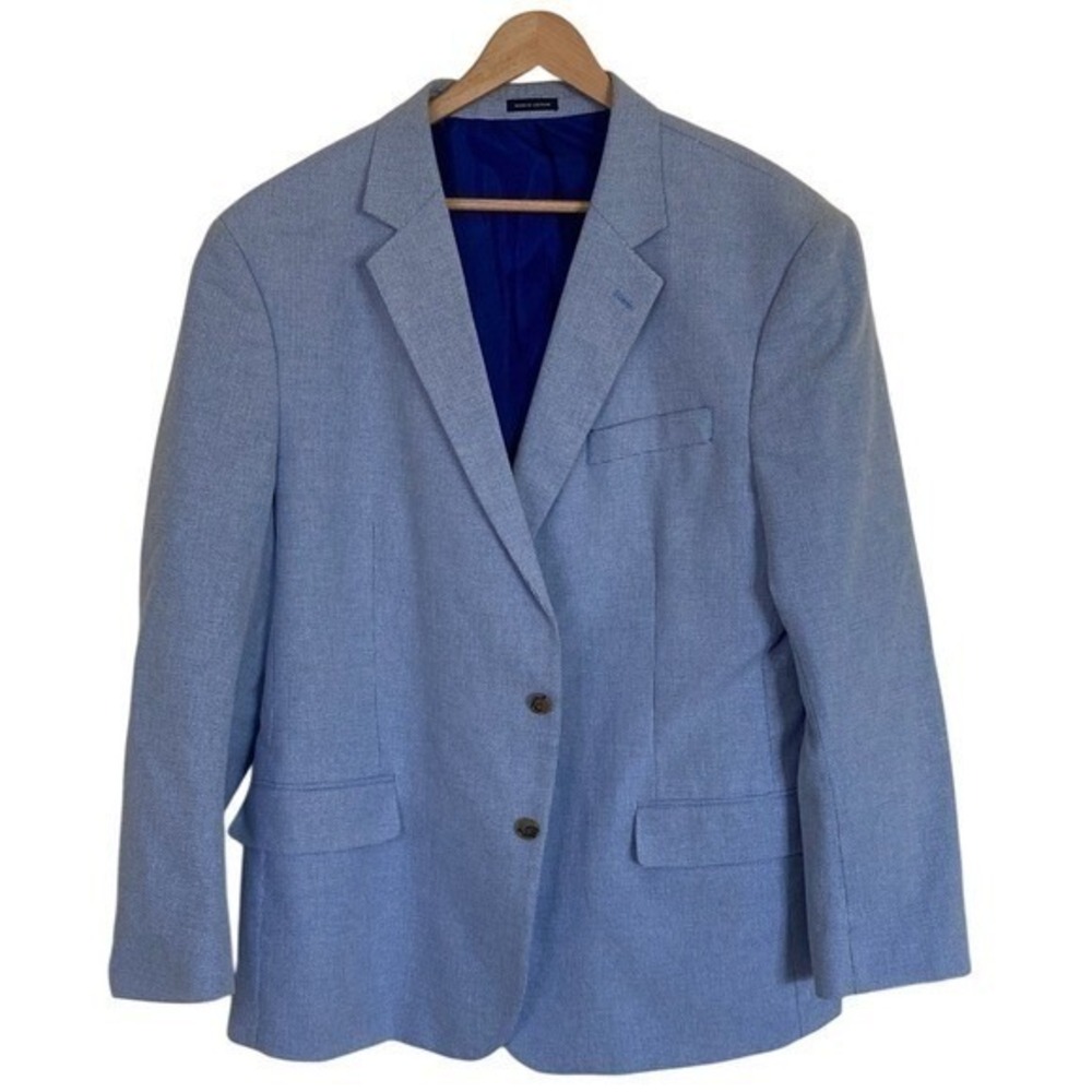 Stafford Mens Basketweave 2 Button Light Blue Cotton Blazer Size 50R Classic